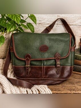 Roots Canada Green & Brown Leather Messenger Bag Crossbody Vintage